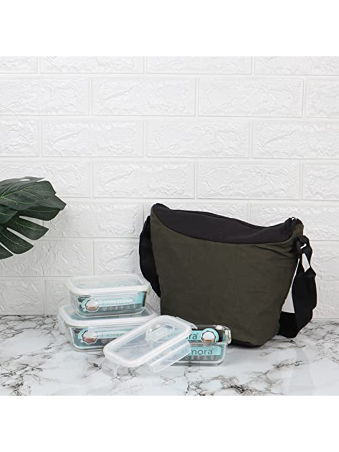 Femora Set Of 3 Transparent & Green Lunch Box With Bag