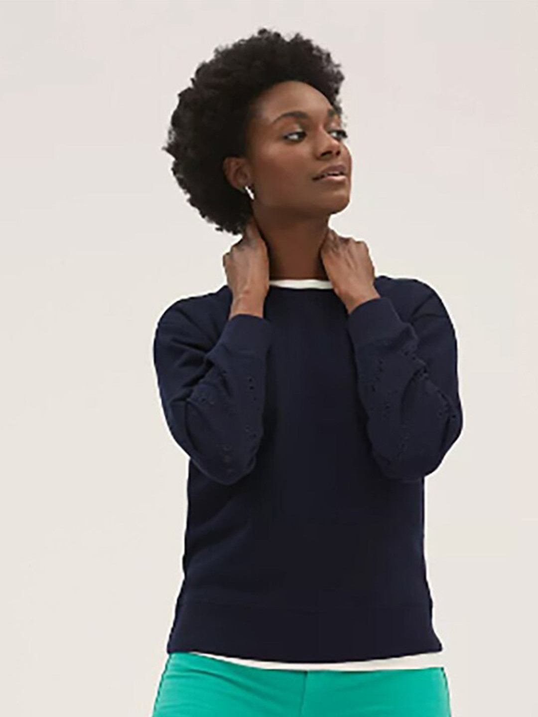 Marks & Spencer Women Navy Blue Solid Full Sleeves Pure Cotton Pull Over Sweatshirt