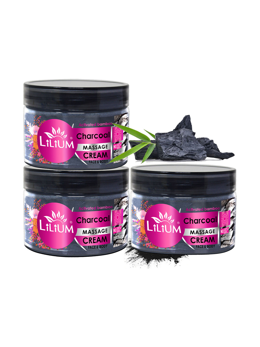 Lilium Set Of 3 Bamboo Charcoal Massage Cream With Charcoal Dust-250 gm Each