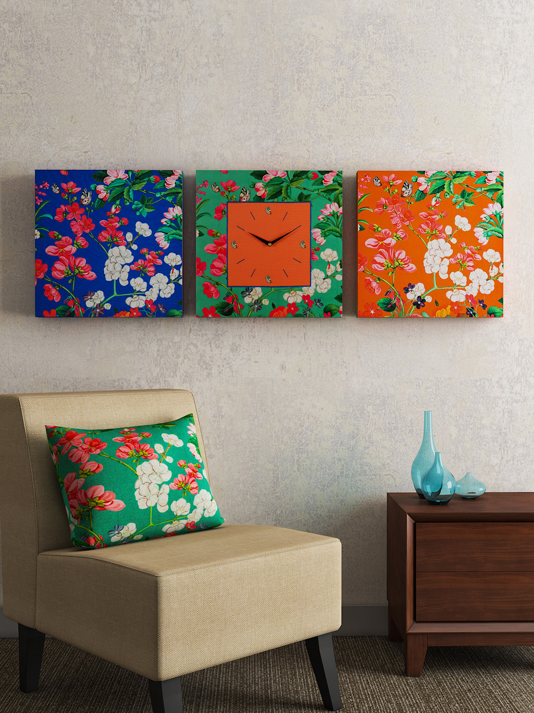 SEJ by Nisha Gupta Set of 2 Wall Art and 1 Square 35.5 cm Analogue Wall Clock