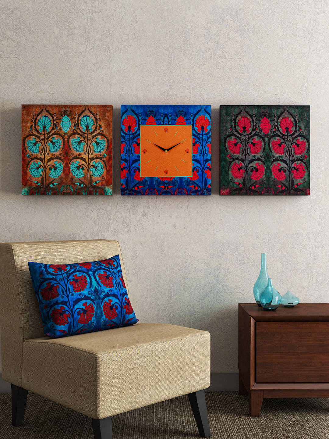 SEJ by Nisha Gupta Multicoloured Wood Large Display Square Battery Analogue Wall Clock