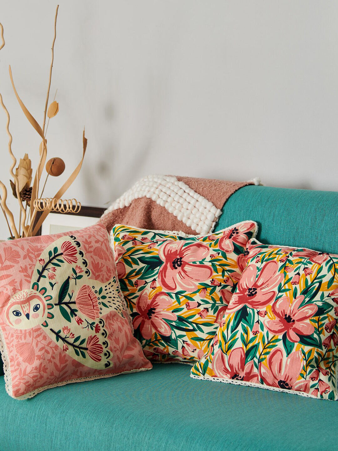 Chumbak Pink & Green Set of 3 Floral Square Cushion Covers