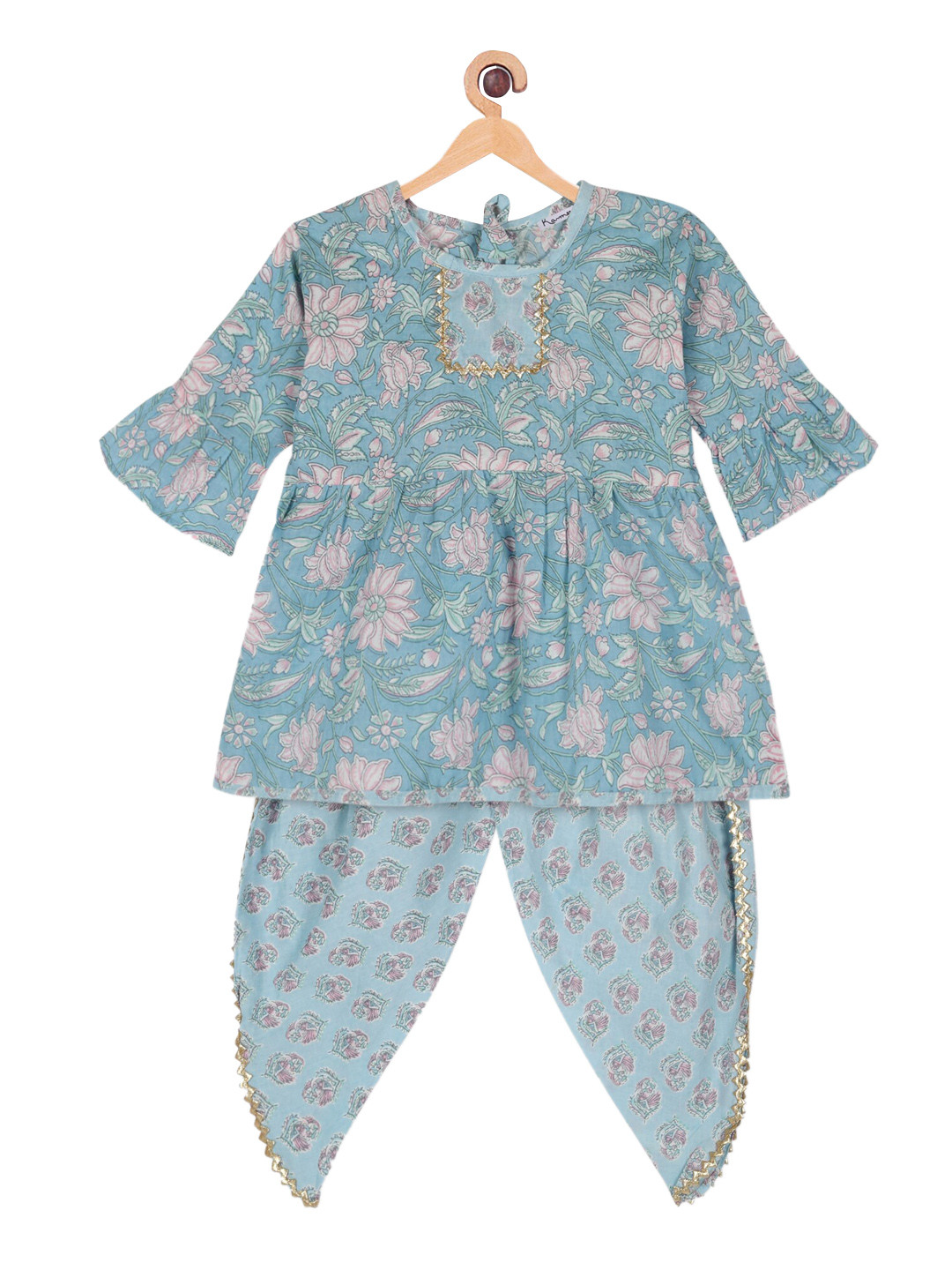 Ka-mee Girls Blue Floral Printed Pleated Pure Cotton Kurti with Dhoti Pants
