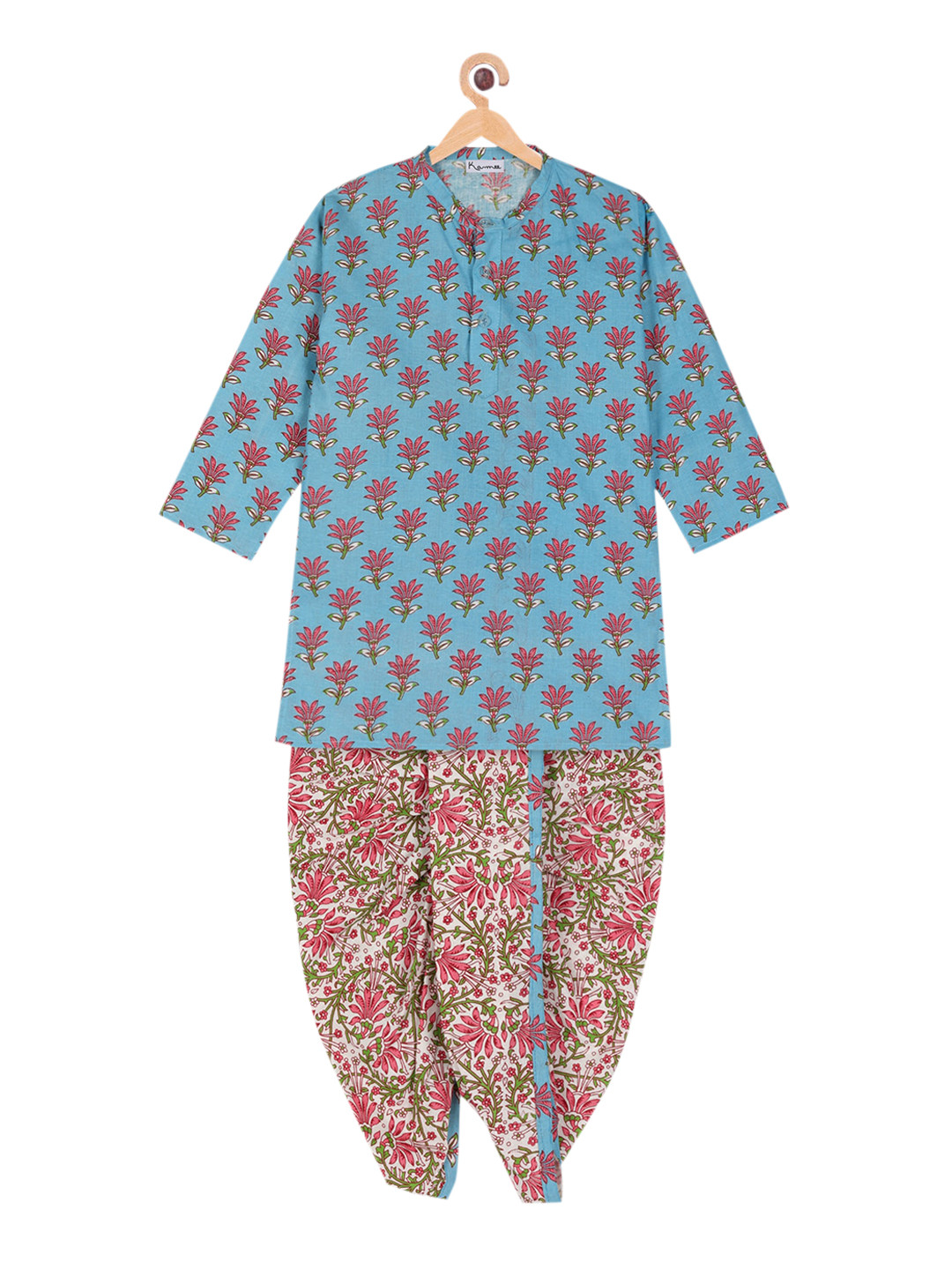Ka-mee Girls Blue Floral Printed Pure Cotton Kurta with Dhoti Pants