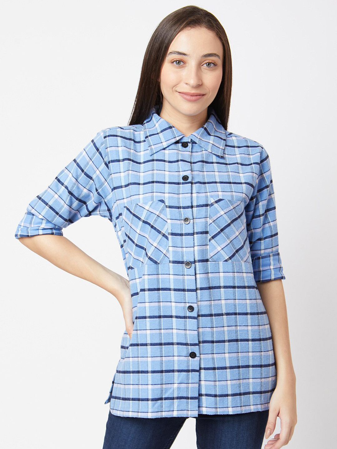 Smarty Pants Women Blue Classic Boxy Checked Casual Shirt