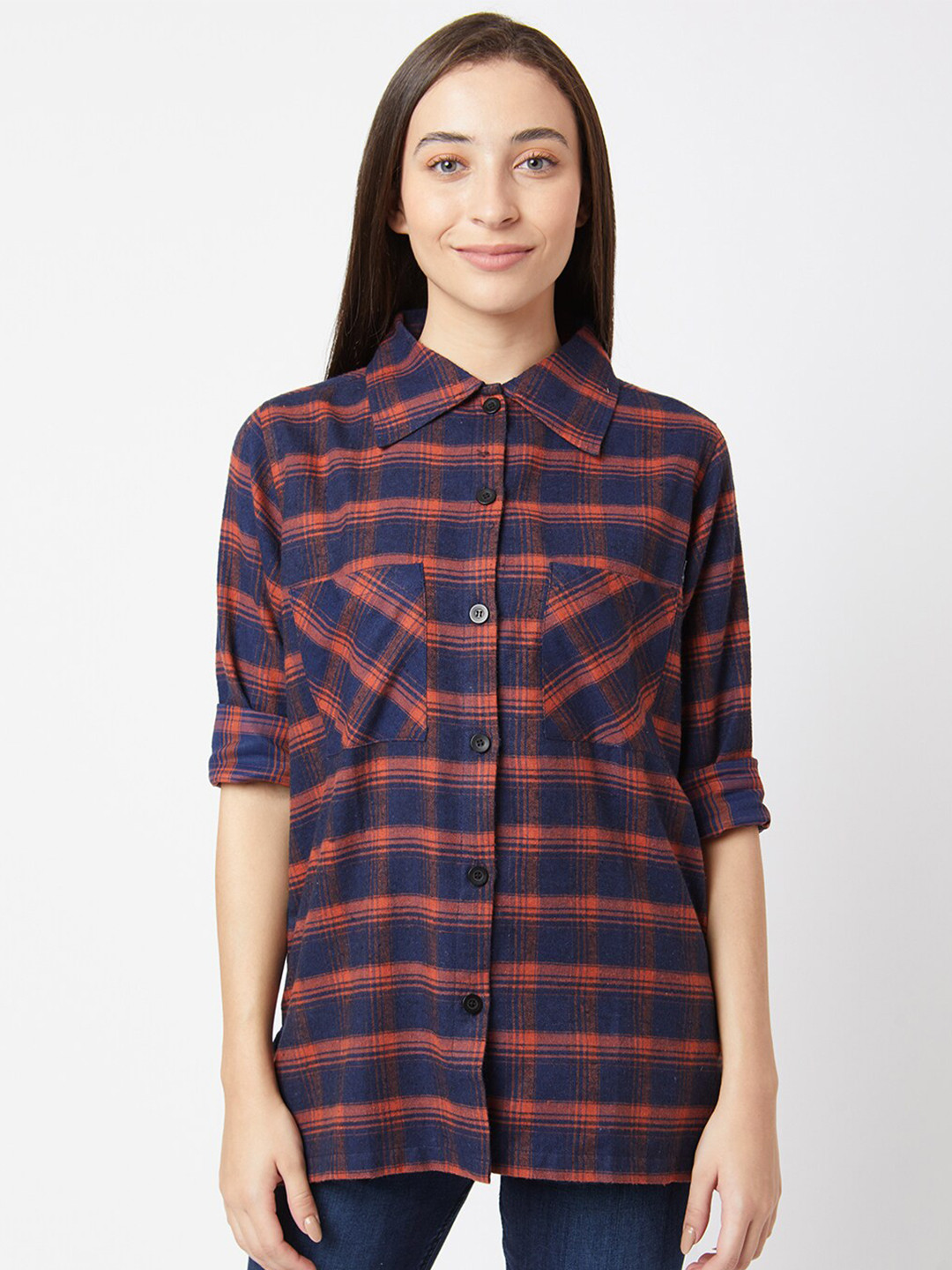 Smarty Pants Women Rust Classic Boxy Checked Casual Shirt