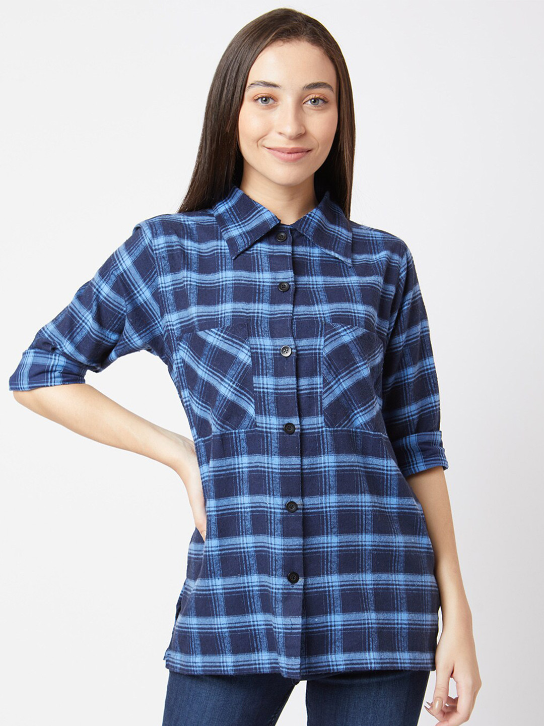 Smarty Pants Women Blue Classic Tartan Checked Cotton Wool Casual Shirt