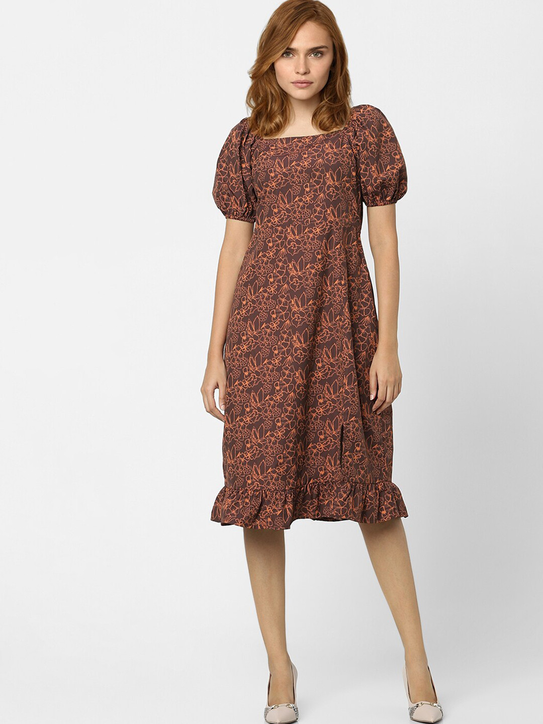 Vero Moda Brown Floral A-Line Dress