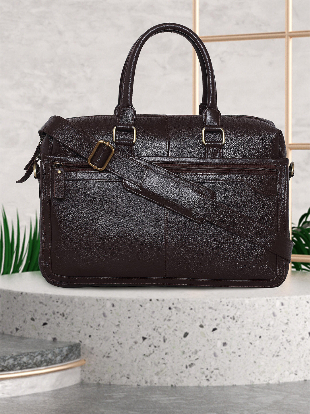 OLIVE MIST Unisex Brown & Silver-Toned Leather Laptop Bag