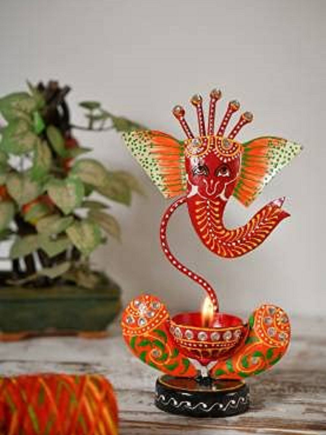 Fashion Bizz Yellow & Red Printed Metal Ganesh Candle Holders