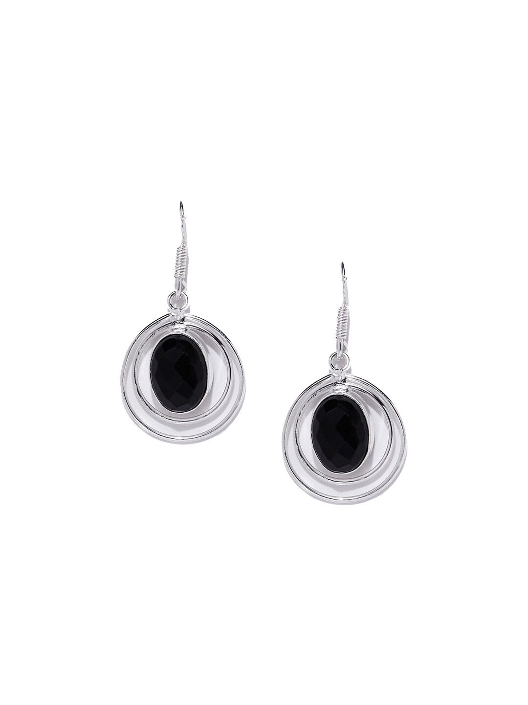 Bamboo Tree Jewels Silver-Toned & Black Circular Drop Earrings