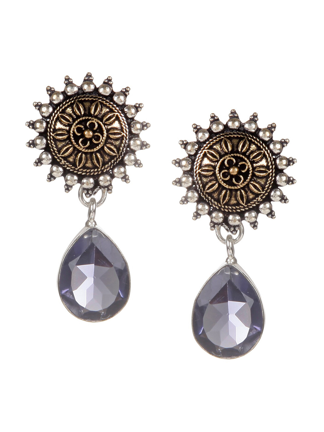 Bamboo Tree Jewels Women Silver-Toned & Purple Stone Diamond Shaped Drop Earrings