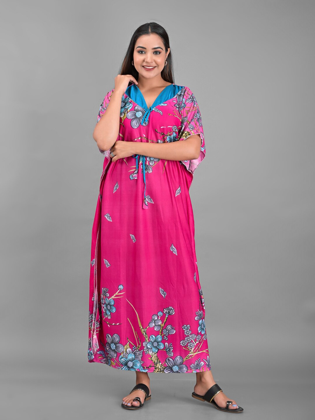 Apratim Women Pink Satin Maxi Floral Print Kaftan Nightdress