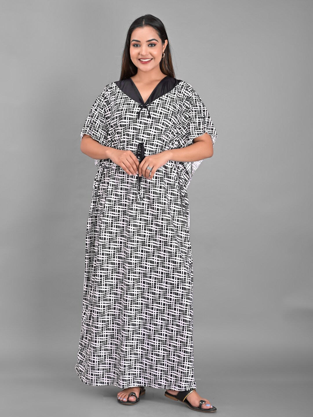 Apratim White & Black Printed Satin Kaftan Maxi Nightdress