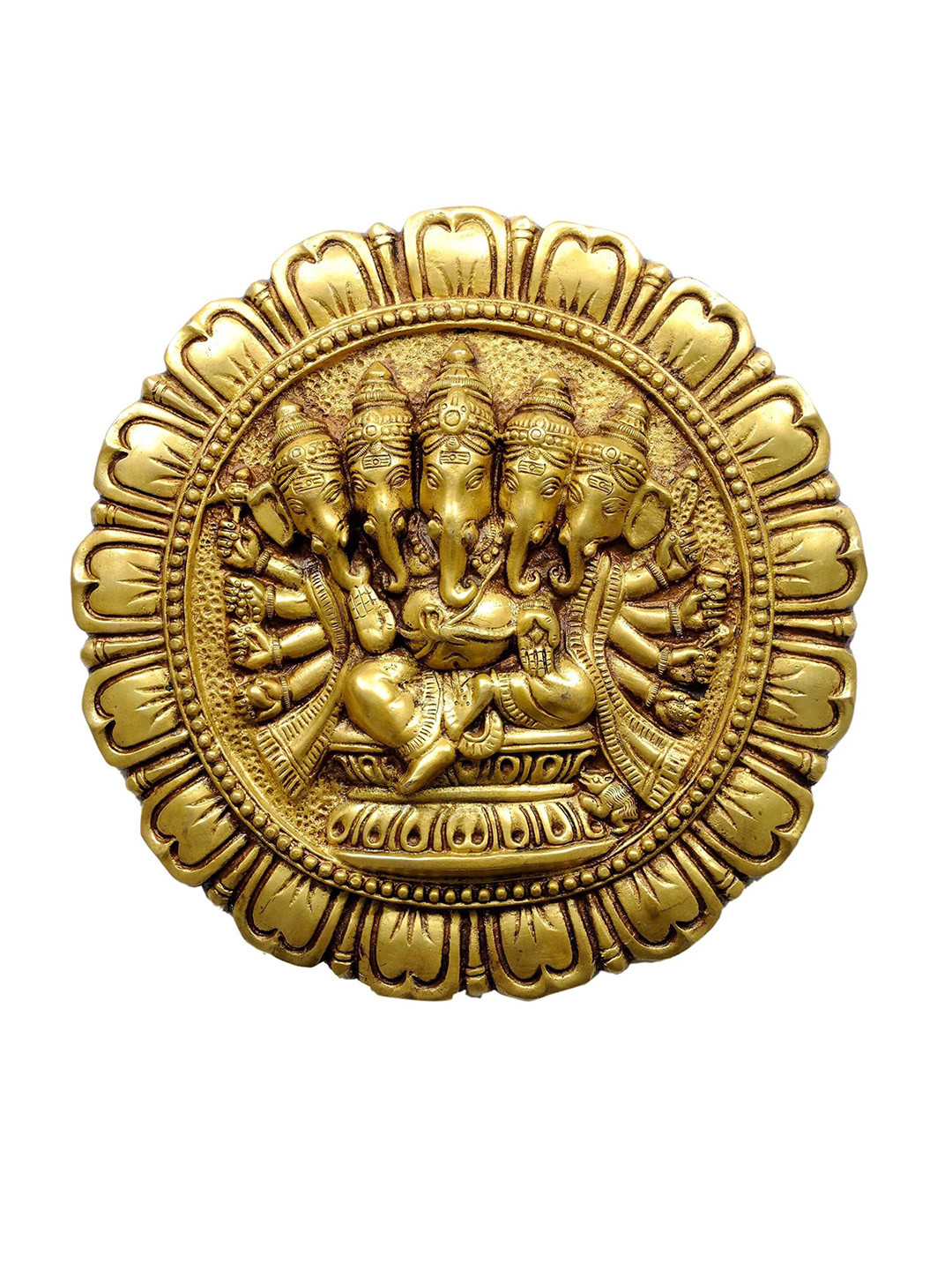 Exotic India Five-Headed Ganesha Brass Ethnic Motifs Glossy Spiritual Wall Decor-11In