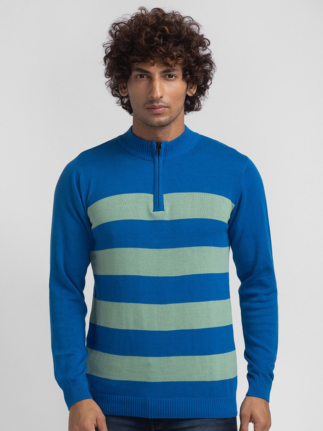 Globus Men Blue & Green Striped High Neck T-shirt