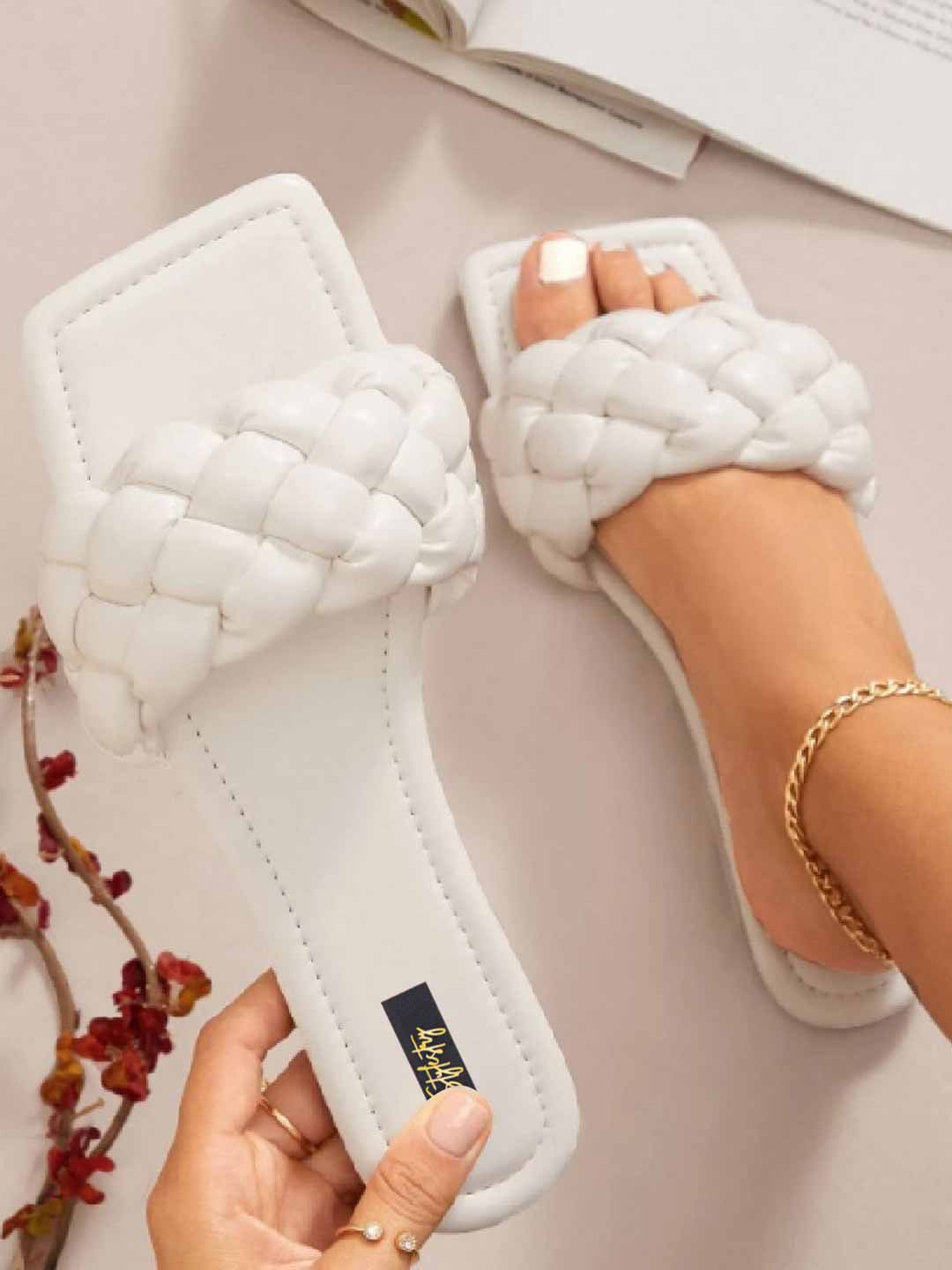 Stylestry Women White Open Toe Flats