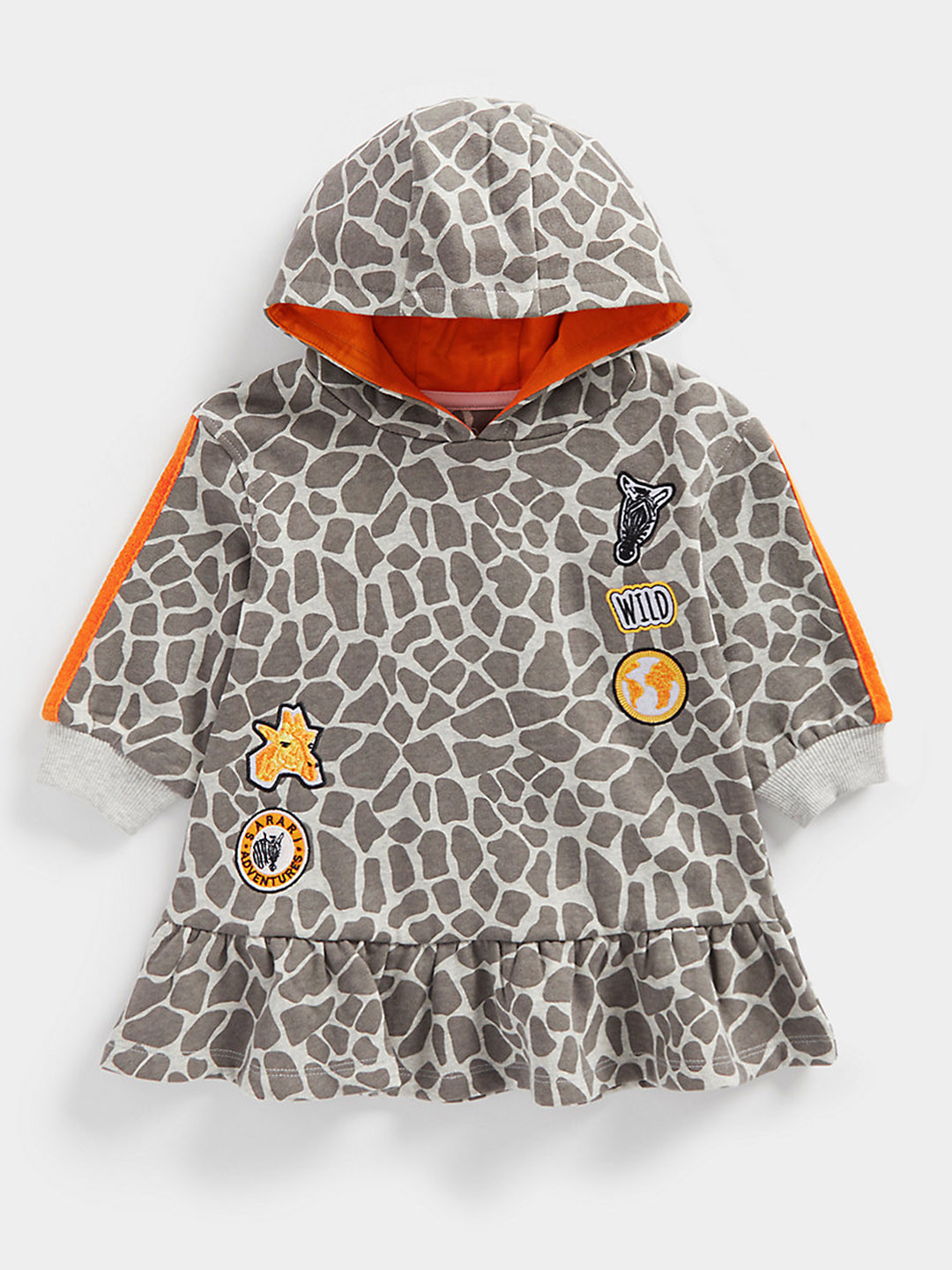 mothercare Infant Girls Animal Printed Pure Cotton Hooded A-Line Dress with Applique