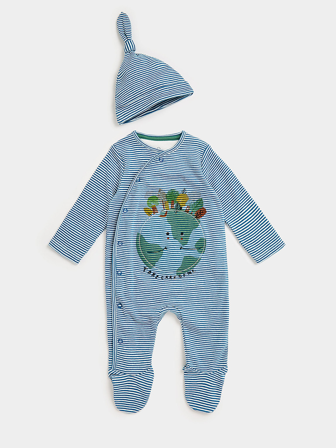 mothercare Infant Boys Striped Pure Cotton Sleepsuit with Hat