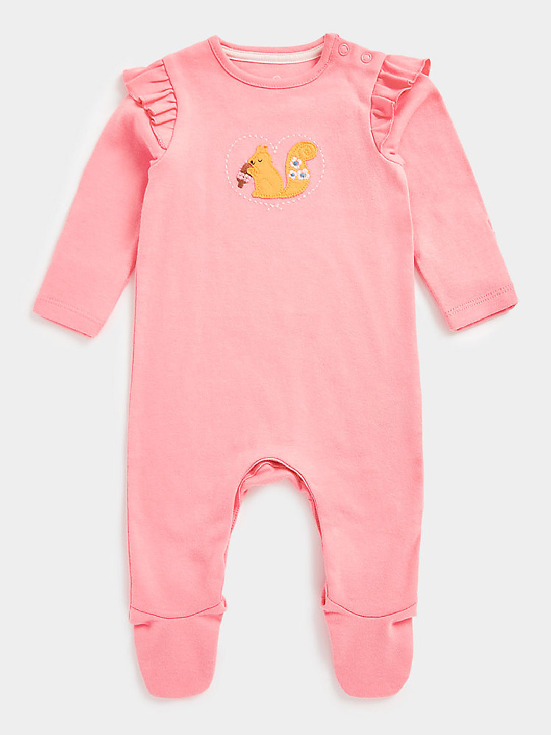 mothercare Girls Self Design Applique Pure Cotton Sleepsuit With Ruffles Detail