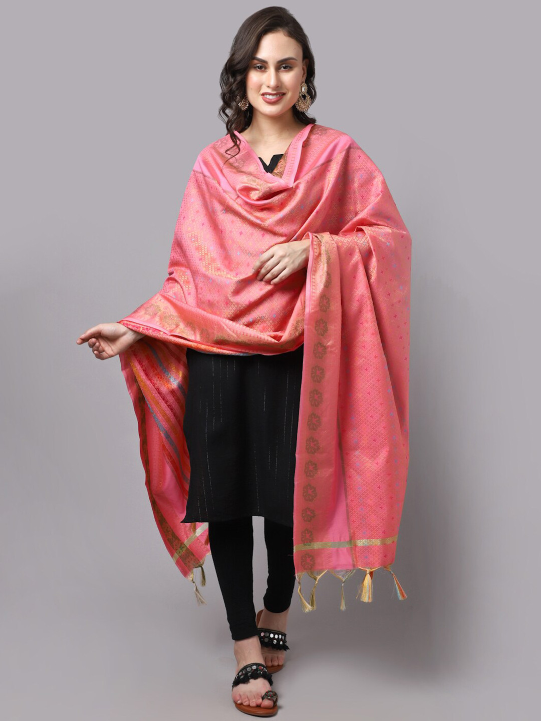 LOOM LEGACY Pink & Blue Woven Design Cotton Silk Dupatta with Zari