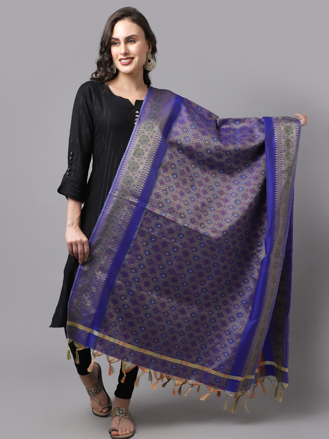 LOOM LEGACY Blue & Gold-Toned Woven Design Cotton Silk Dupatta with Zari