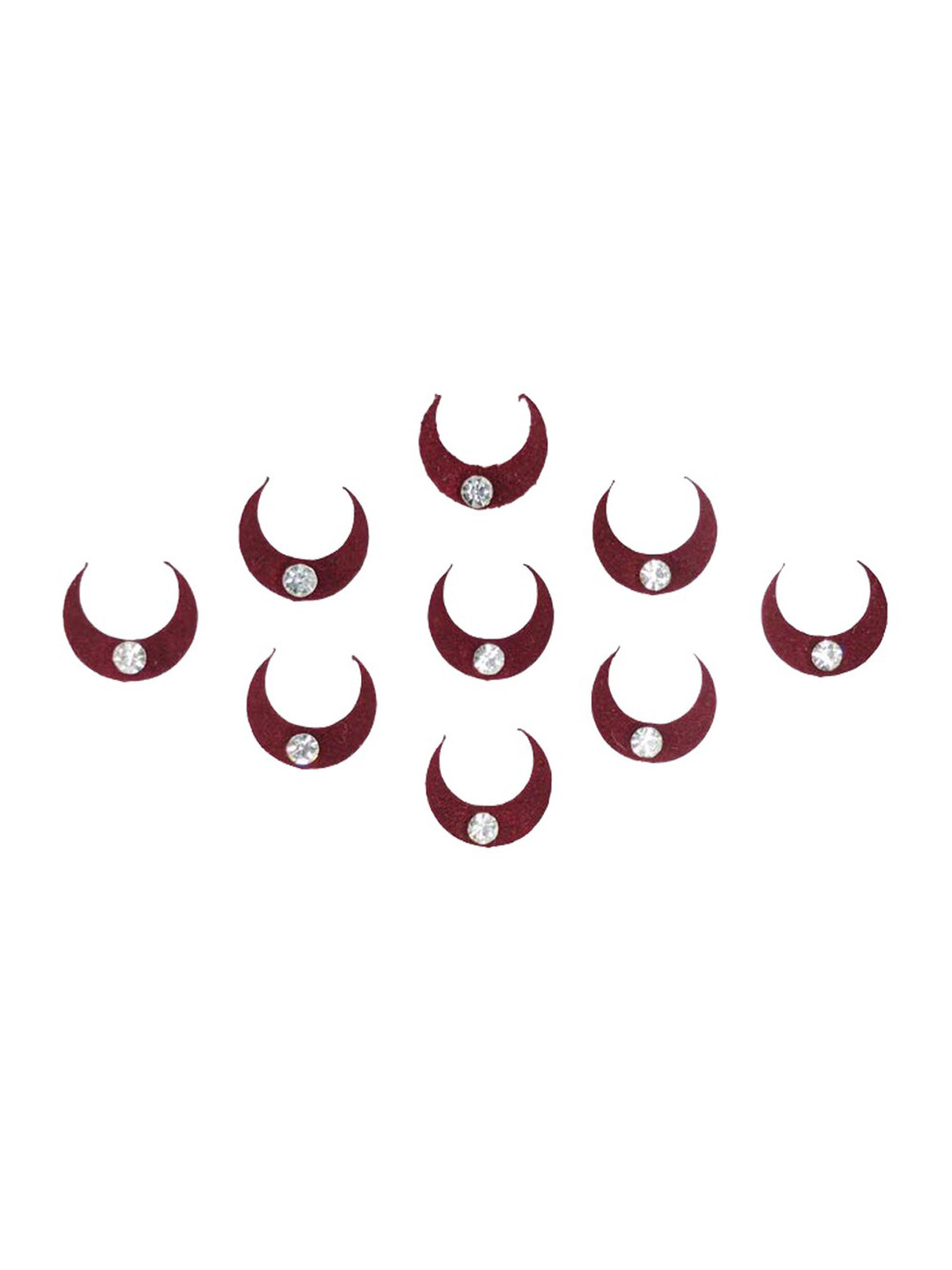 Comet Busters Set of 9 Stone-Studded Crescent-Shaped Designer Bindis - Maroon