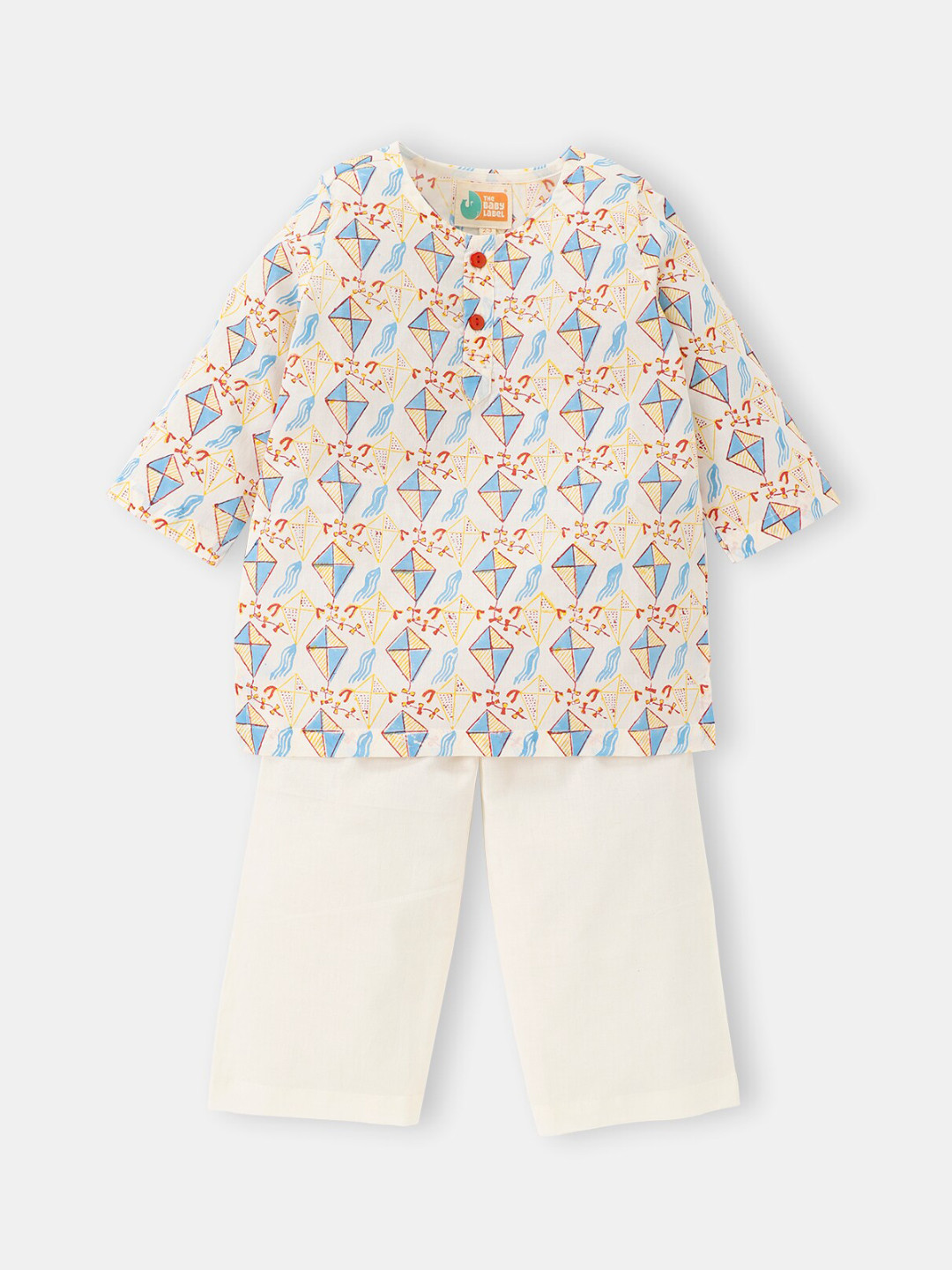 THE BABY LABEL Kids Blue Spring Day Kites Hand-Block Pure Cotton Kurta Pajama Set