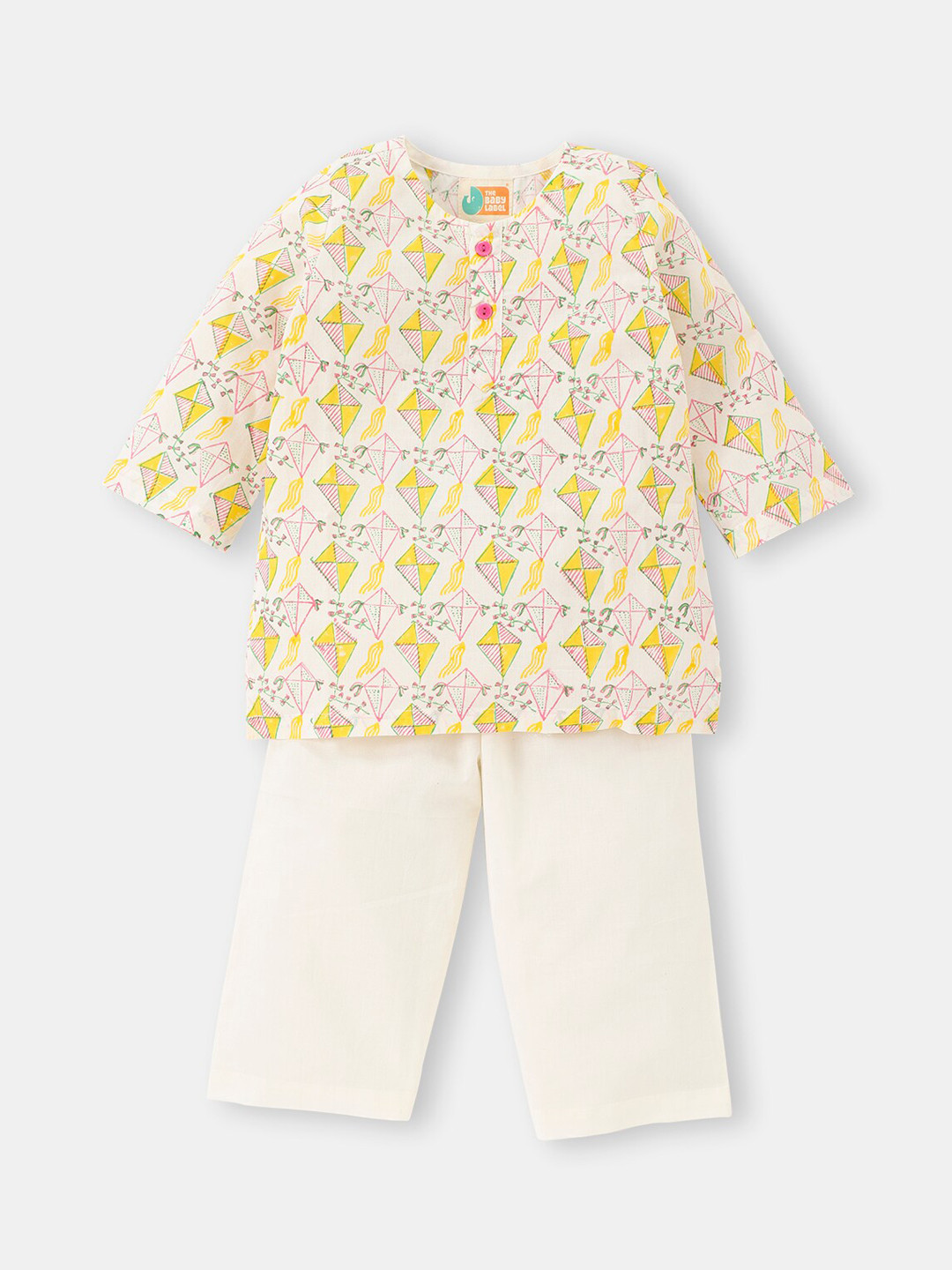 THE BABY LABEL Kids Yellow Spring Day Kites Hand-Block Print Pure Cotton Kurta Pyama Set
