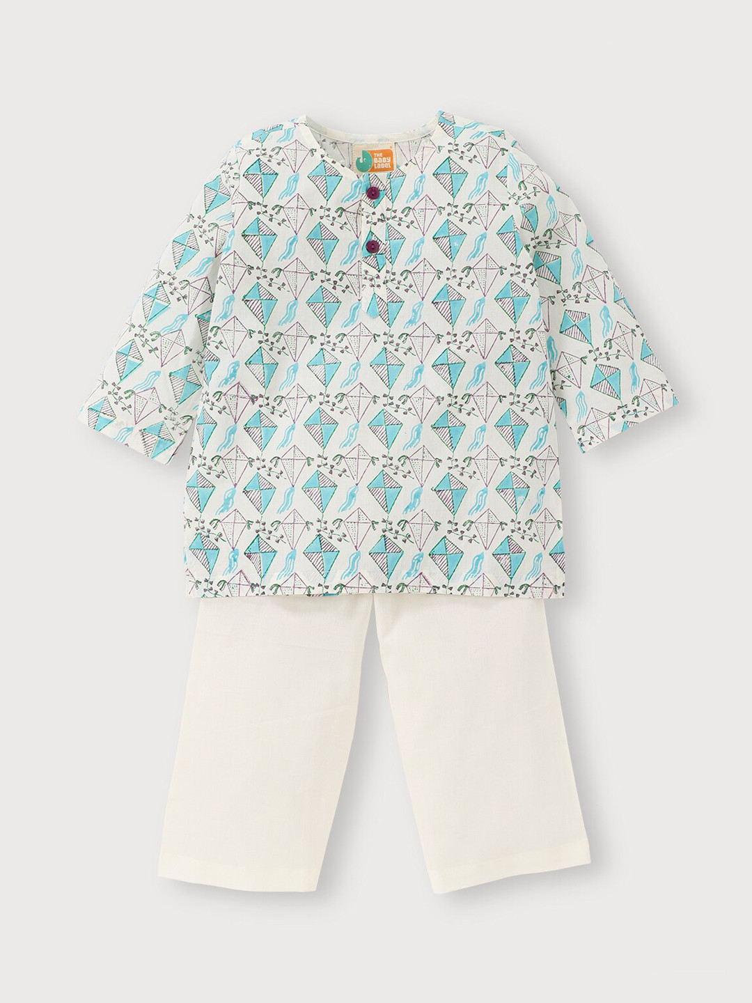 THE BABY LABEL Unisex Kids Blue Spring Day Kites Pure Cotton Hand-Block Kurta Pajama