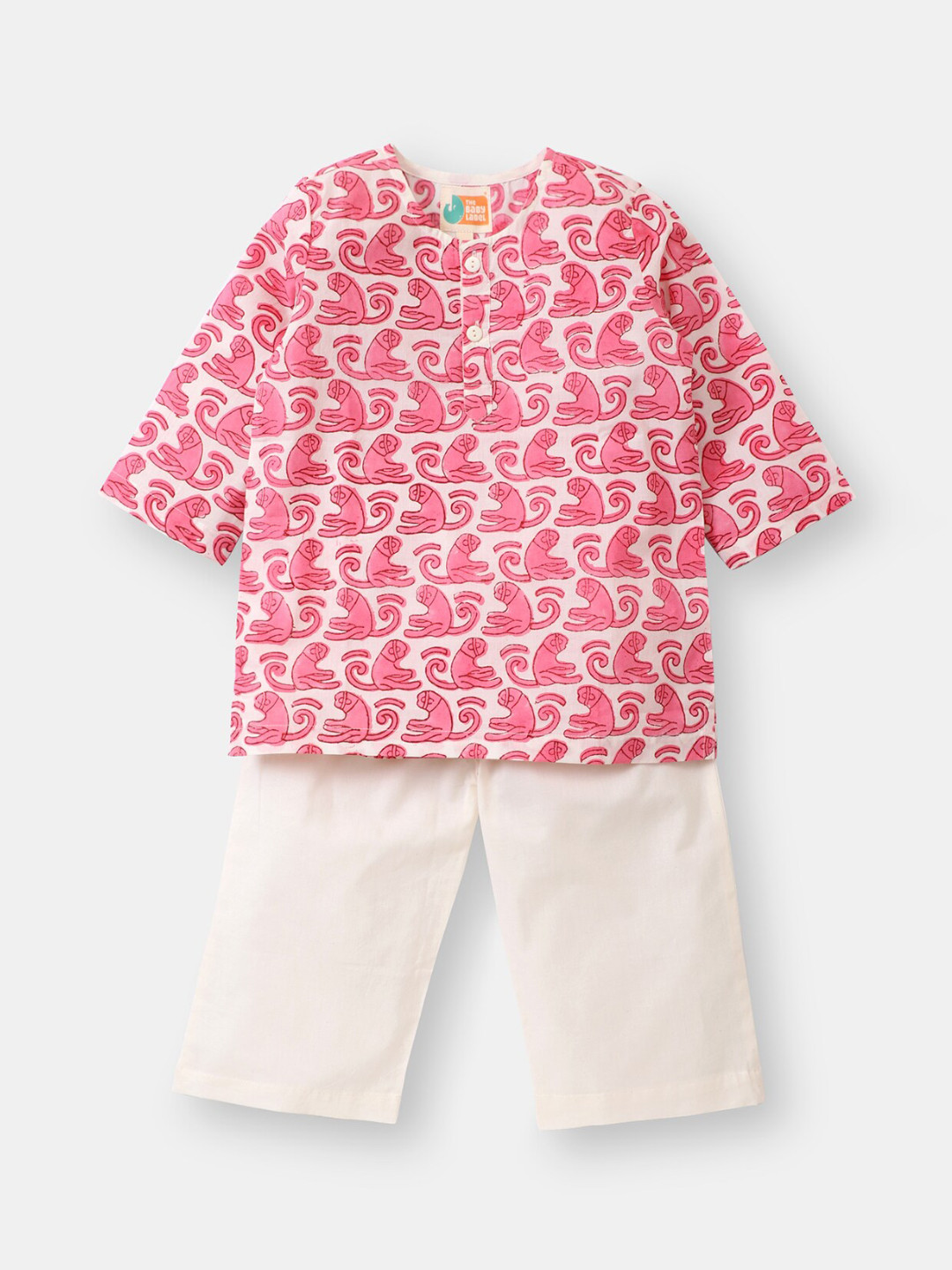 THE BABY LABEL Kids Pink Monkeys Gone Banana Hand-Block Pure Cotton Kurta Pajama Set