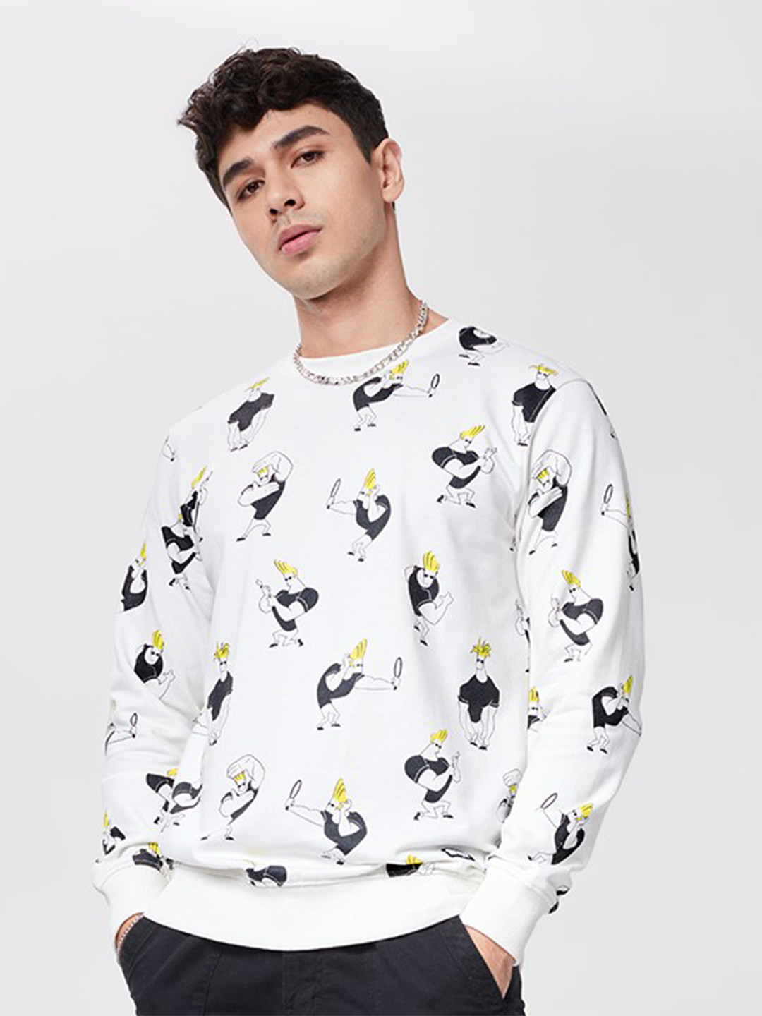 The Souled Store Men Pure Cotton Johnny Bravo Macho Expressions Printed Sweatshirt