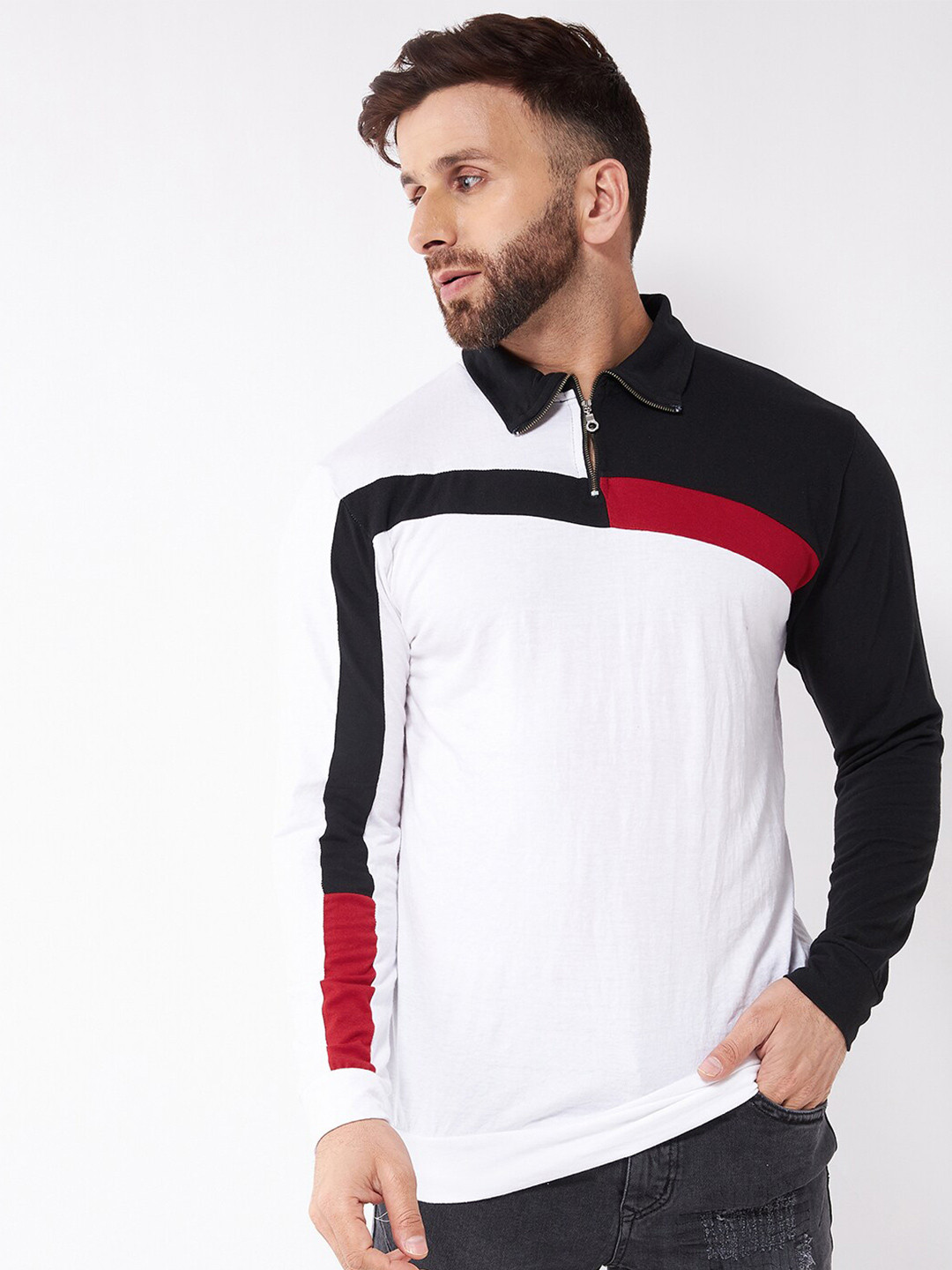 GRITSTONES Men White & Black Colourblocked Polo Collar Cotton T-shirt