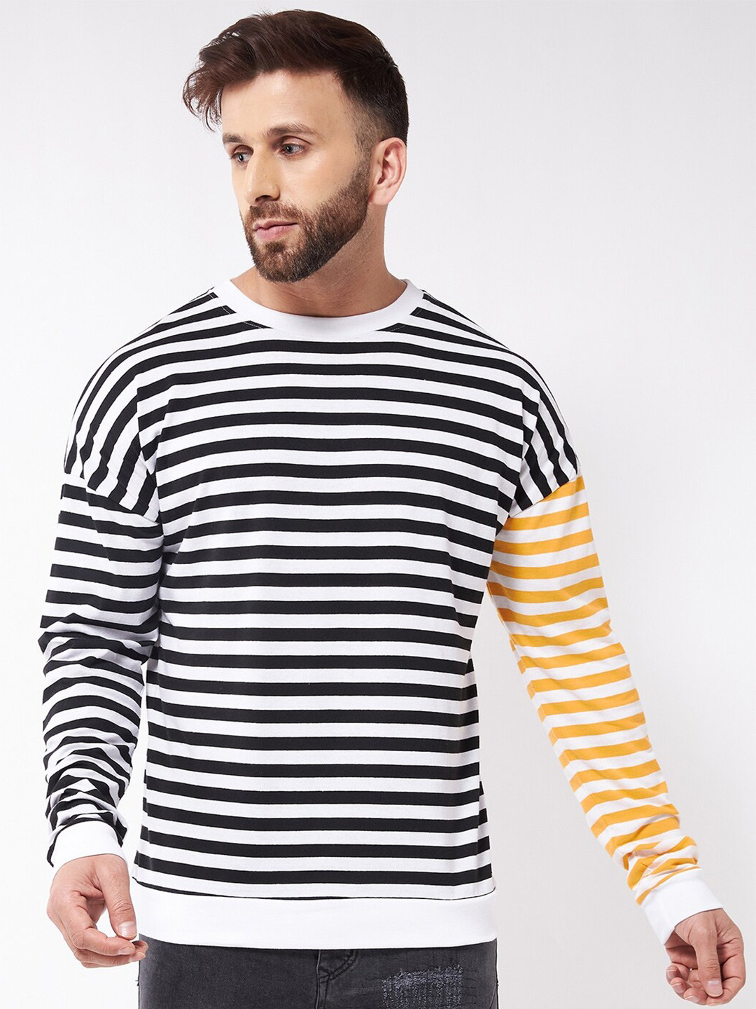 GRITSTONES Men White Striped Drop-Shoulder Sleeves T-shirt