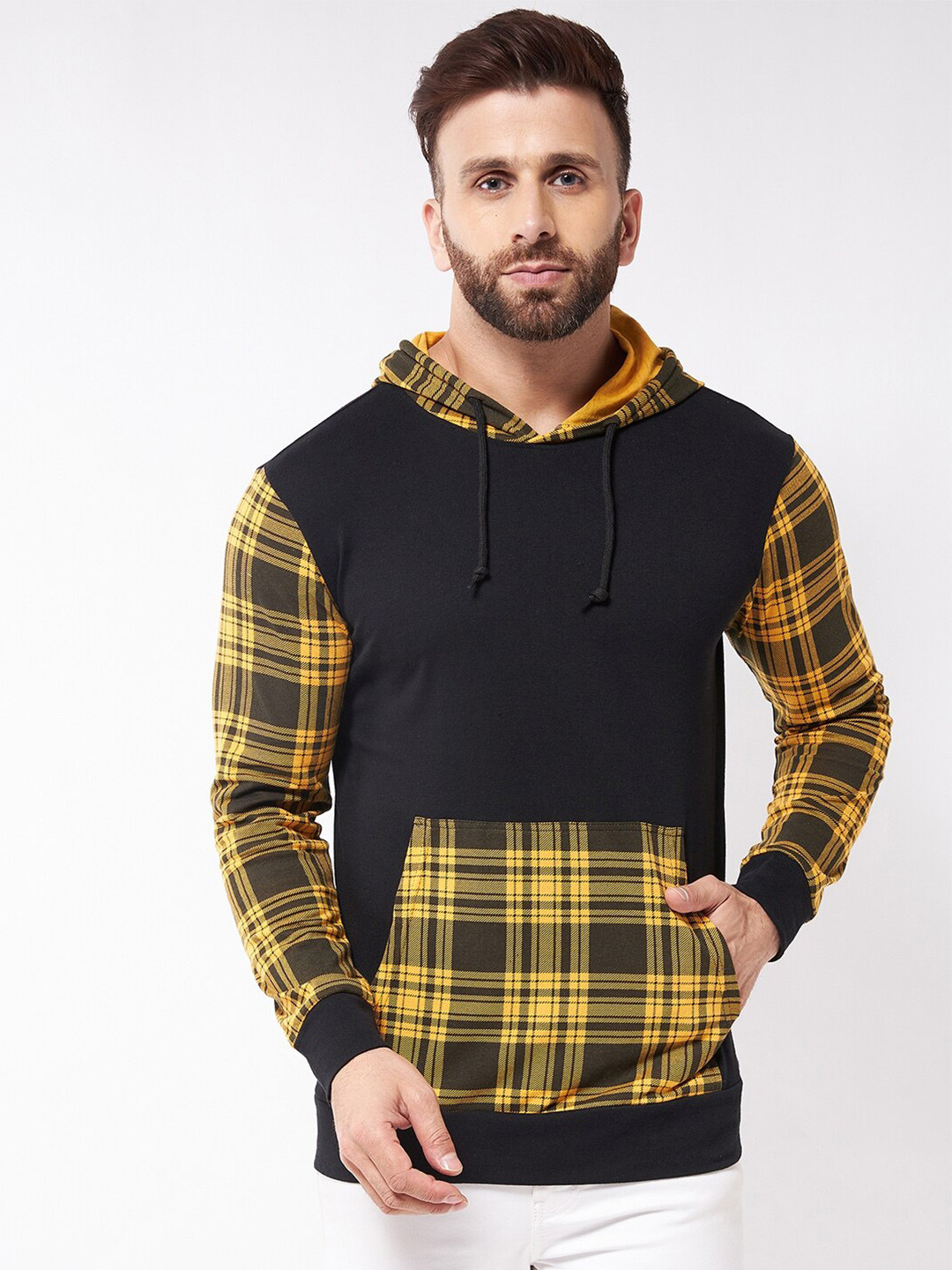 GRITSTONES Men Yellow Checked Cotton T-shirt