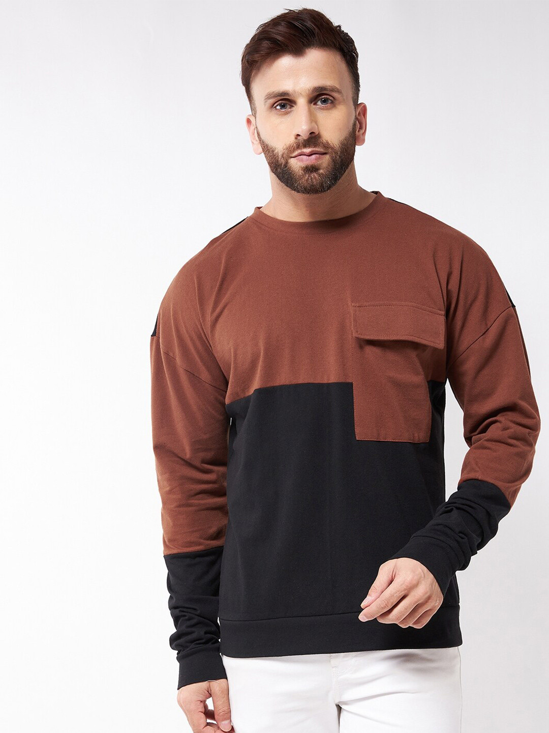 GRITSTONES Men Brown Cotton Colourblocked Round Neck Oversized T-shirt
