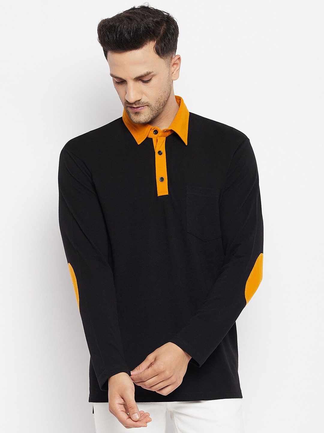 Hypernation Men Black & Yellow Solid Cotton Polo Collar T-shirt