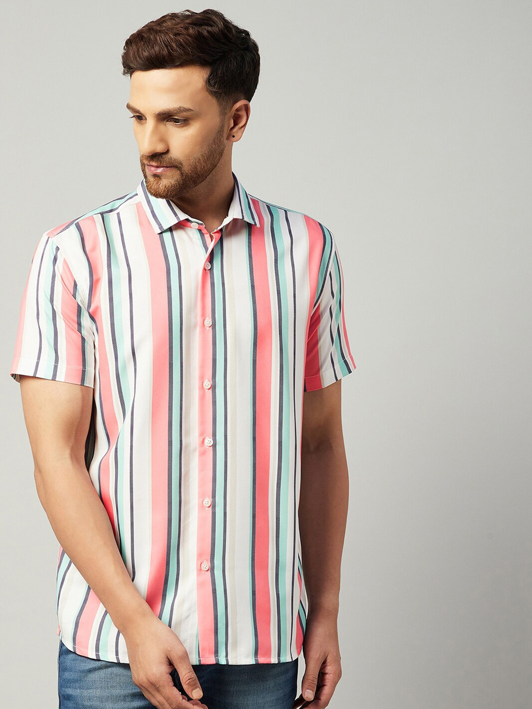 GRITSTONES Men Cream-Coloured Smart Multi Stripes Striped Casual Shirt