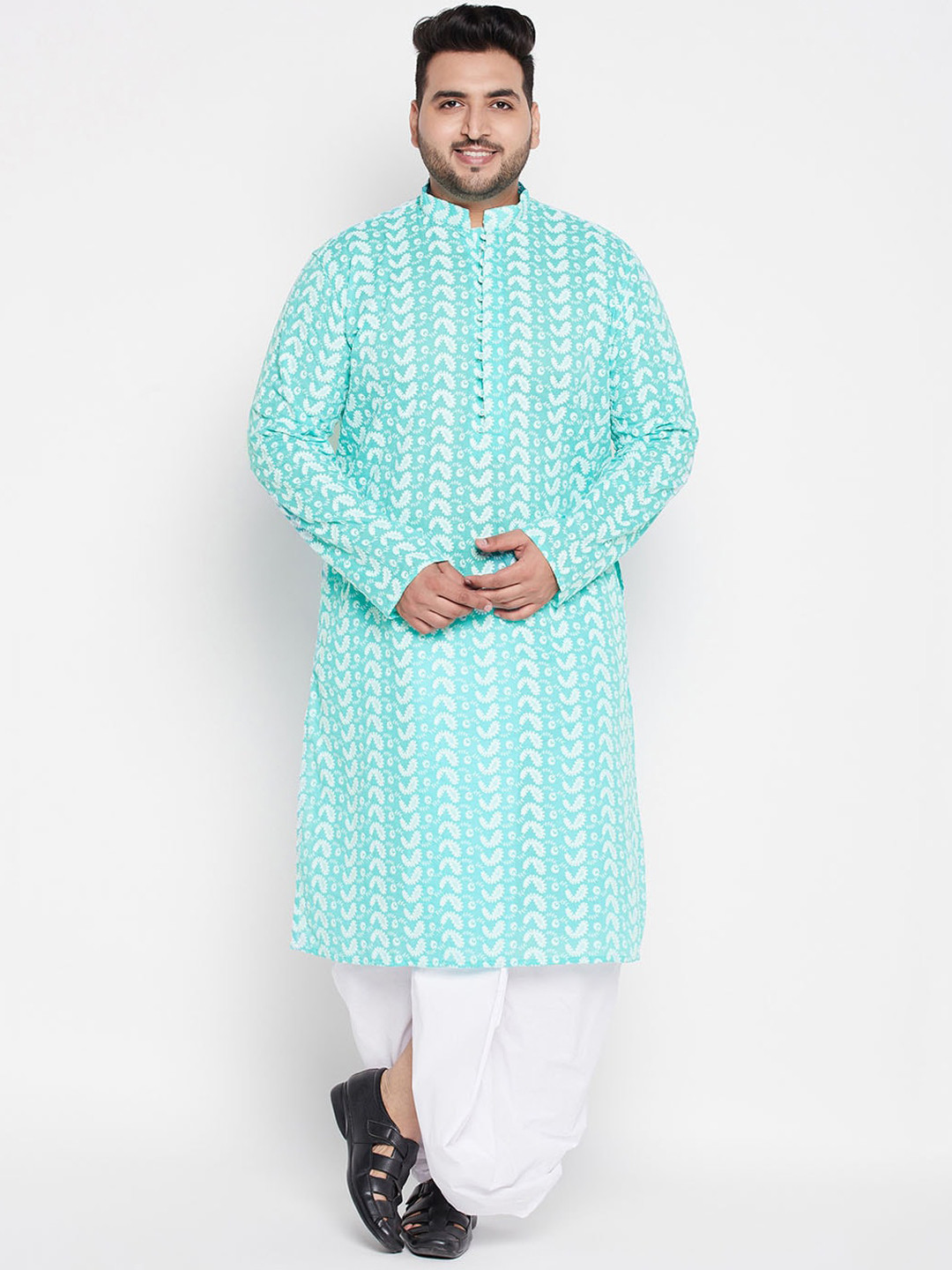 VASTRAMAY Men Plus Size Turquoise Blue & White Embroidered Pure Cotton Kurta with Dhoti Pants