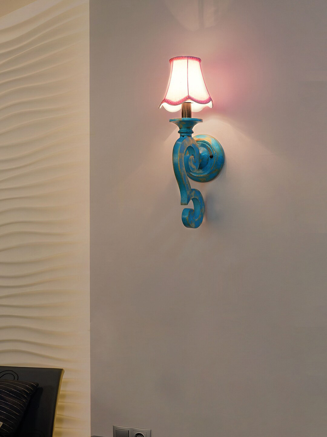 Fos Lighting Blue & Pink Solid Rustic Distressed Wall Lamps with Fabric Shade