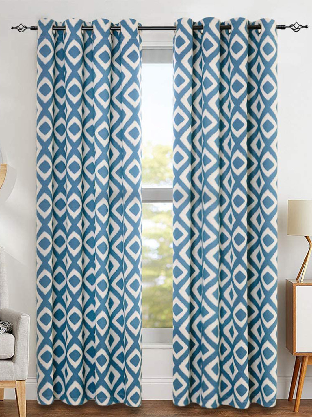 URBAN SPACE Blue & White Geometric Black Out Window Curtain