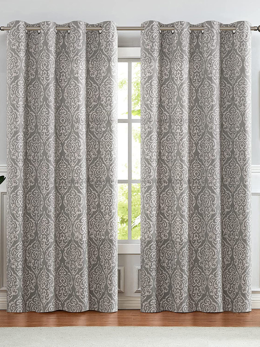 URBAN SPACE Grey Ethnic Motifs Black Out Door Curtain