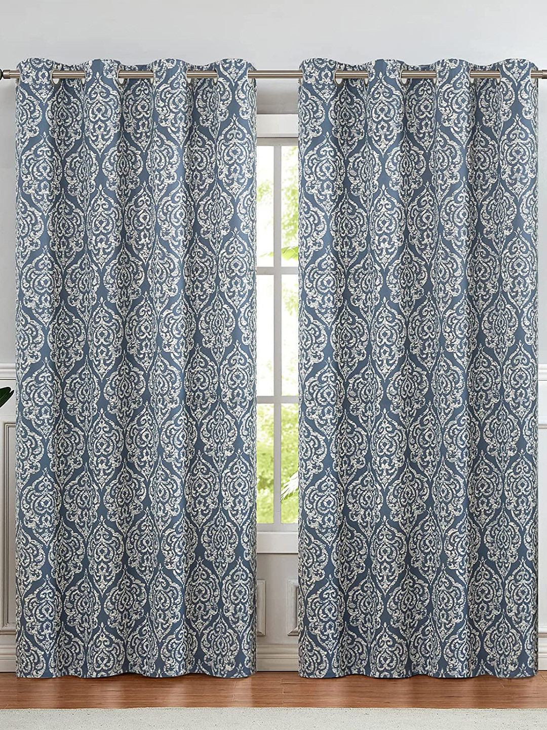 URBAN SPACE Blue & White Ethnic Motifs Black Out Window Curtain