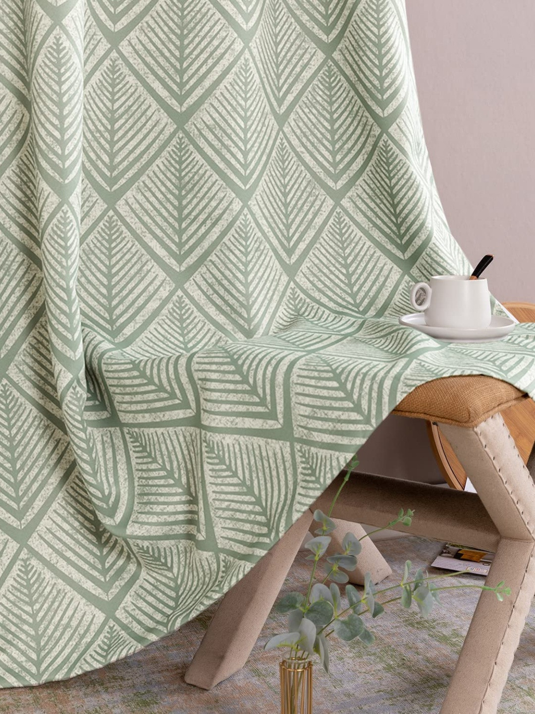 URBAN SPACE Green & Off White Black Out Door Curtain