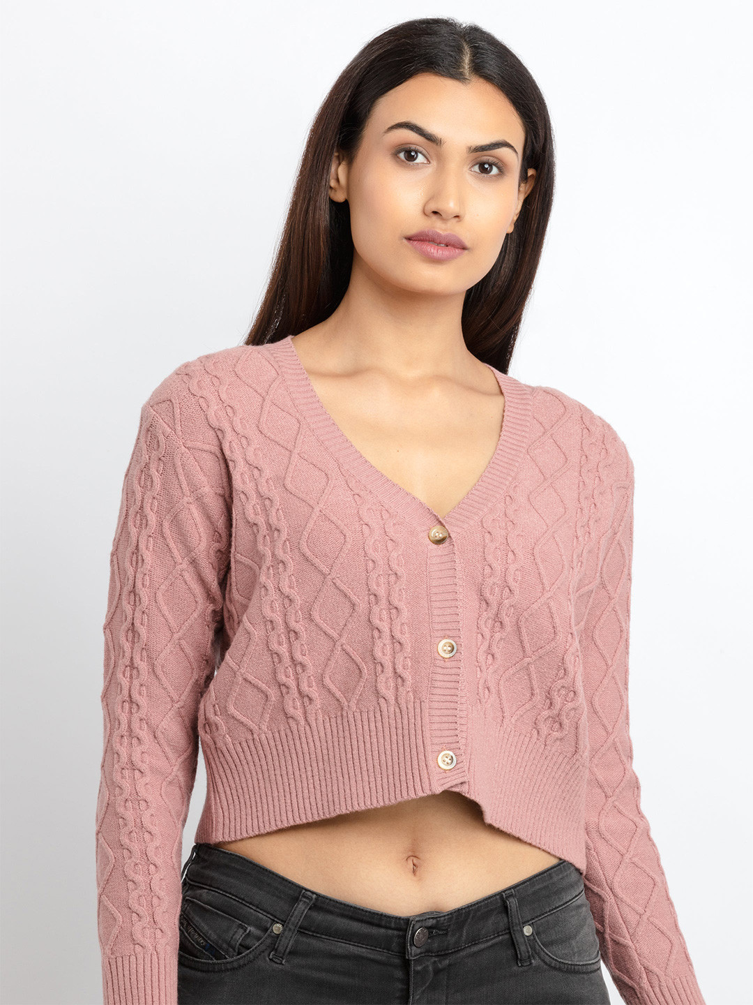Status Quo Women Pink Cable Knit Cardigan