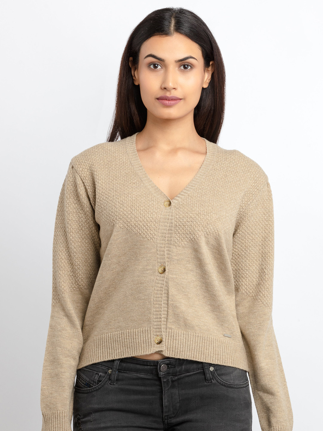 Status Quo Women Beige V-Neck Cardigan