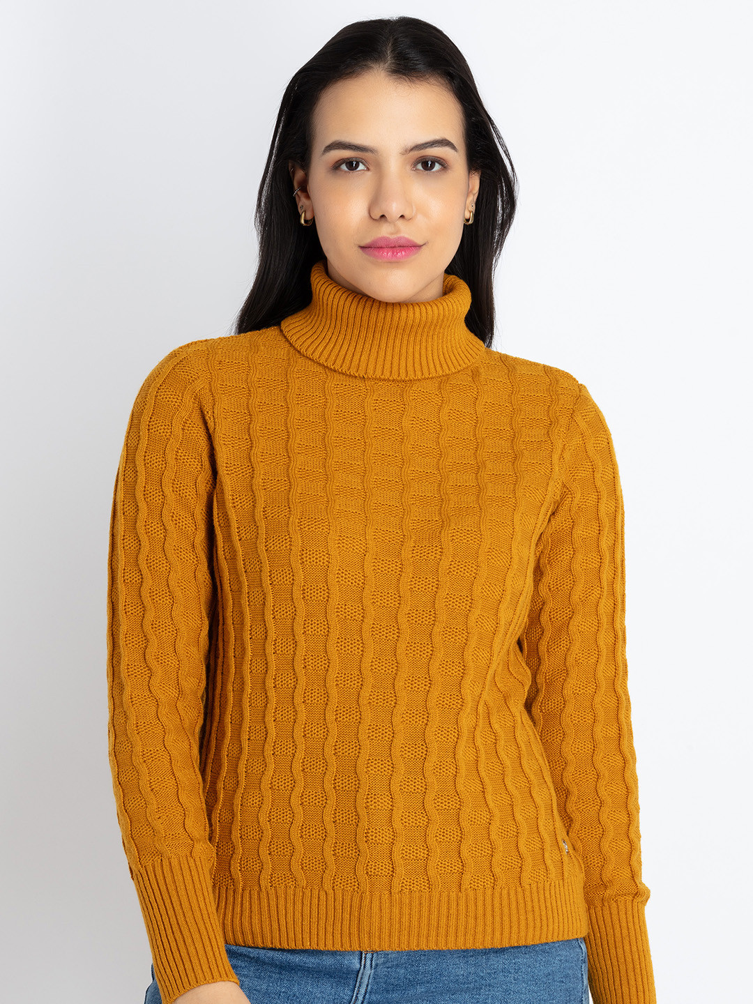 Status Quo Women Mustard Cable Knit Pullover Sweater