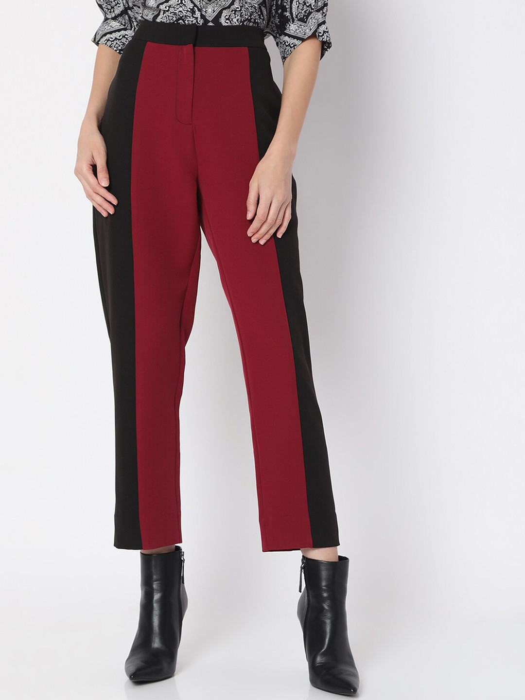 Vero Moda Women Maroon Colourblocked High-Rise Chinos Trouser