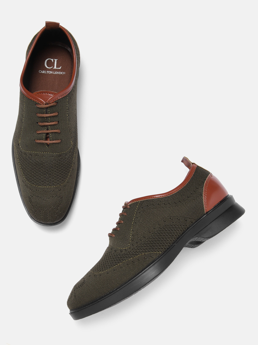 Carlton London Men Olive Green Woven Design Oxfords
