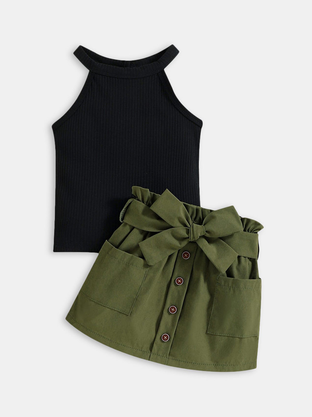 Hopscotch Girls Green & Black Solid Polyester Top with Skirt